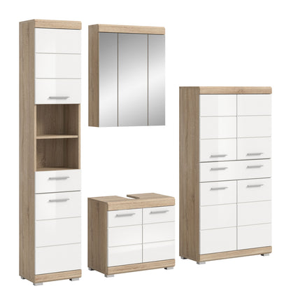 Badezimmerset in Holzoptik und Weiß: Spiegelschrank, Waschplatz und Hochschränke
