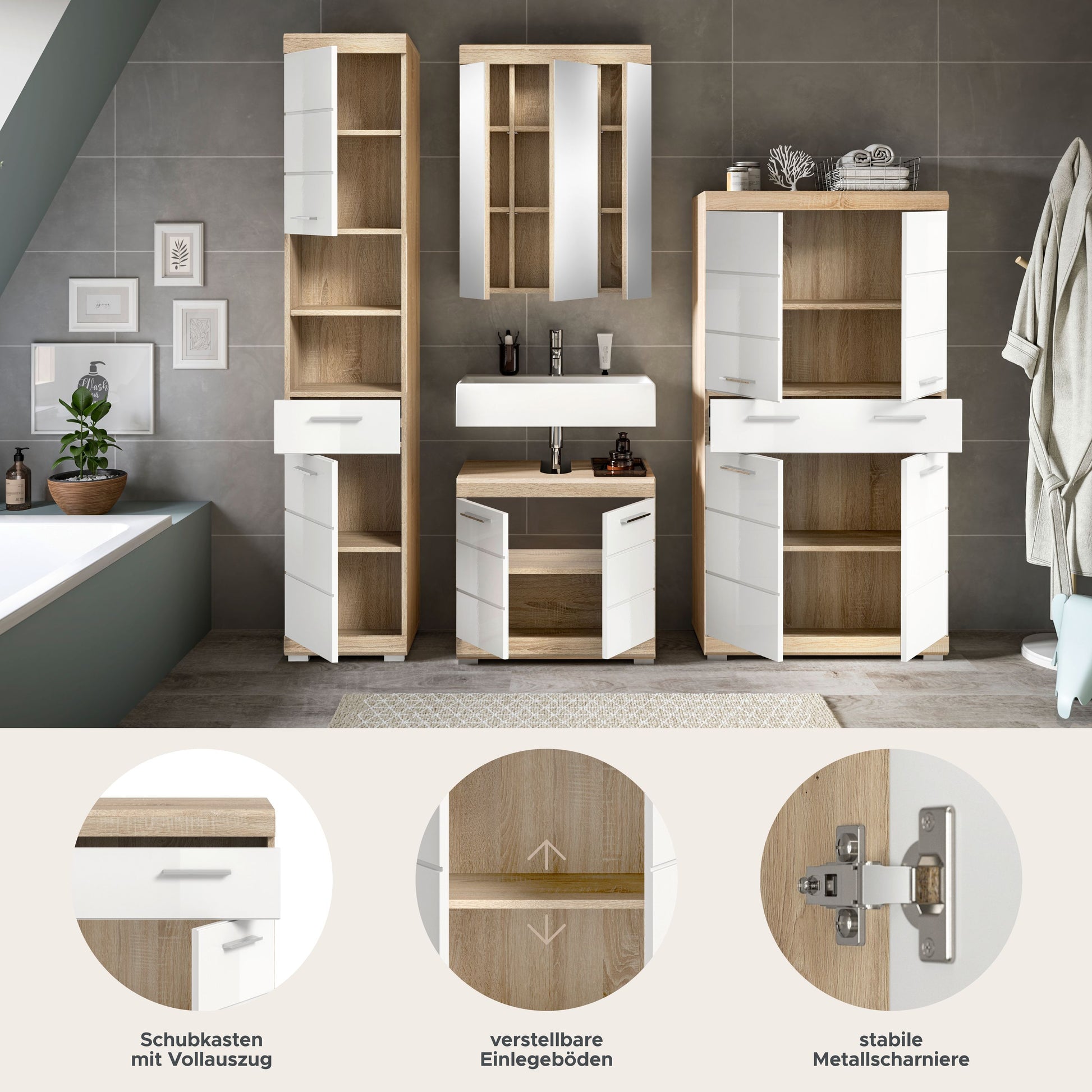 Badezimmerset-Set mit Spiegelschrank, Waschtisch und Hochschränken in Holz/Weiß