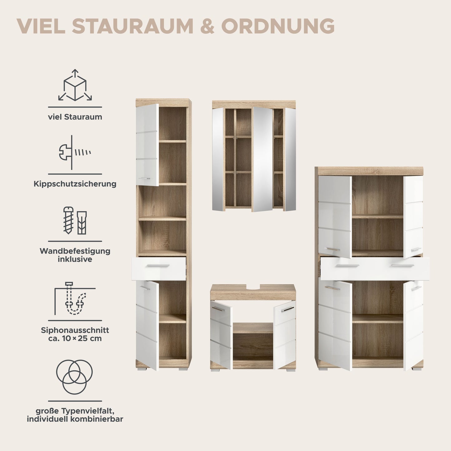 Badezimmerset mit Hängeschrank, Spiegelschrank und Unterschrank in Holz/Weiß