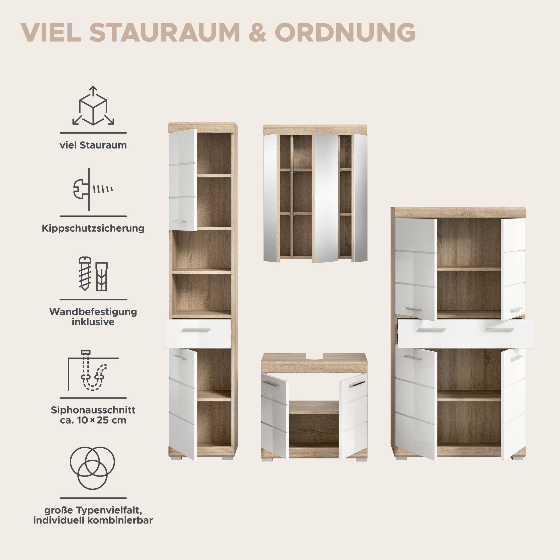 Badezimmerset mit Hängeschrank, Spiegelschrank und Unterschrank in Holz/Weiß