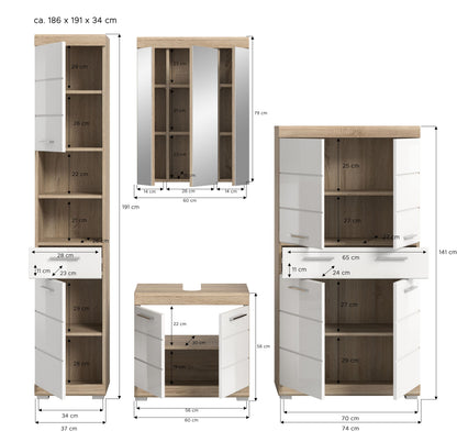 Badezimmerset im Maßbild: Hochschrank und Spiegelschrank mit Holzoptik und weißen Fronten