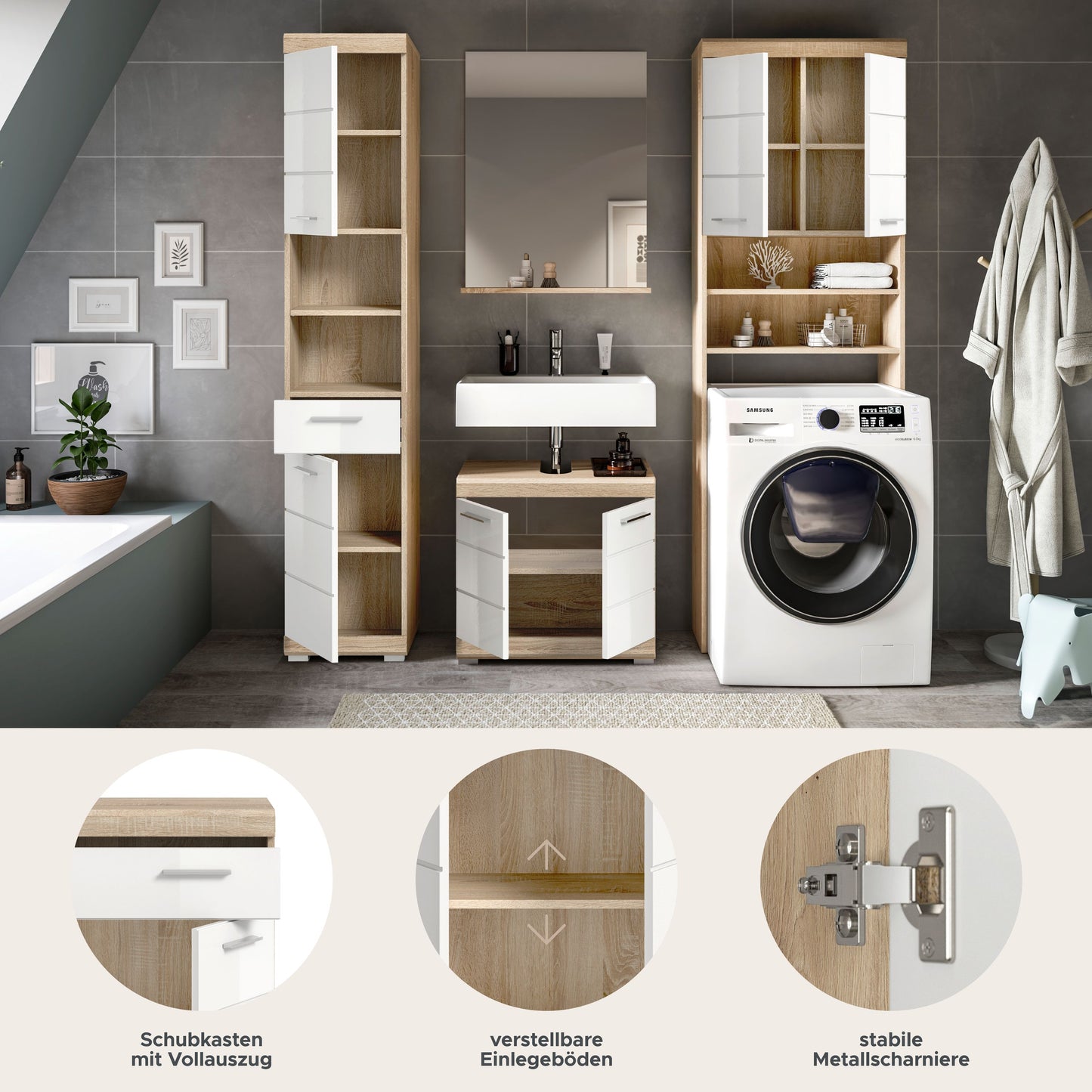 Homes & Jones Badezimmerset 4tlg., Badezimmer Set mit Waschmaschinenschrank