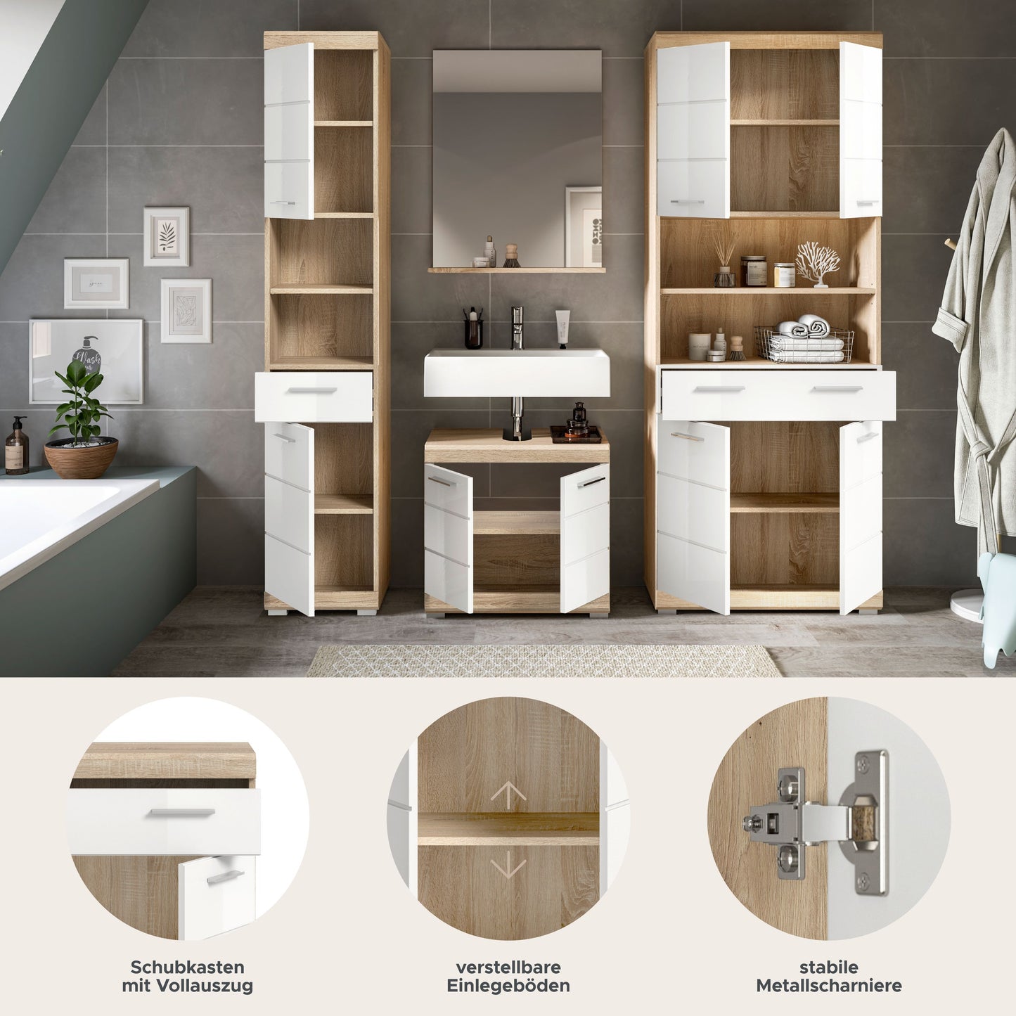 Homes & Jones Badezimmerset 4tlg., Badezimmer Set mit Midi Badezimmerschrank