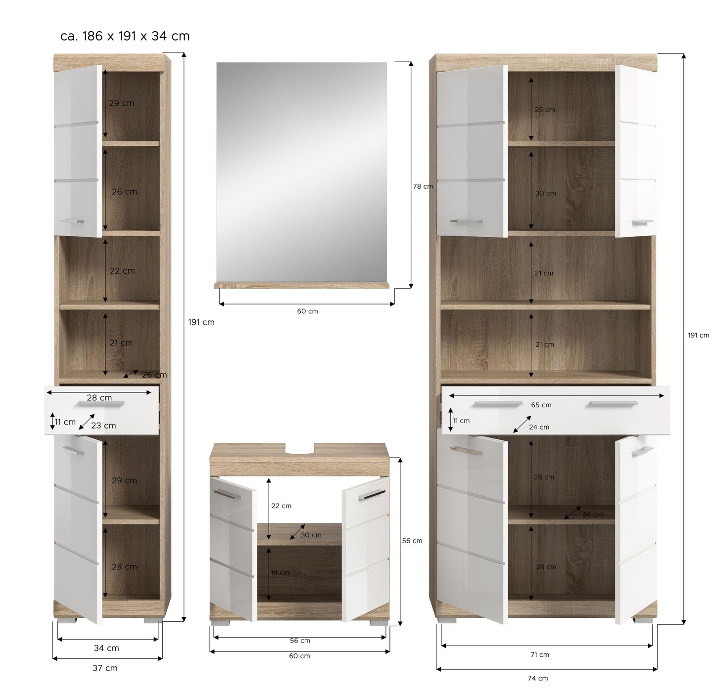 Homes & Jones Badezimmerset 4tlg., Badezimmer Set mit Midi Badezimmerschrank