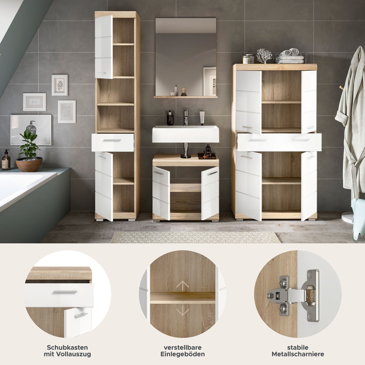 Homes & Jones Badezimmerset 4tlg., Badezimmer Set mit  Schränken und  Spiegel