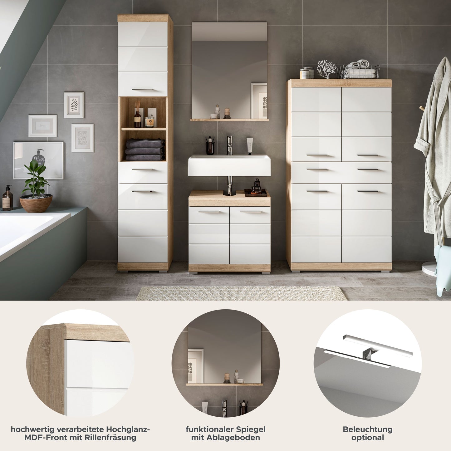 Homes & Jones Badezimmerset 4tlg., Badezimmer Set mit  Schränken und  Spiegel