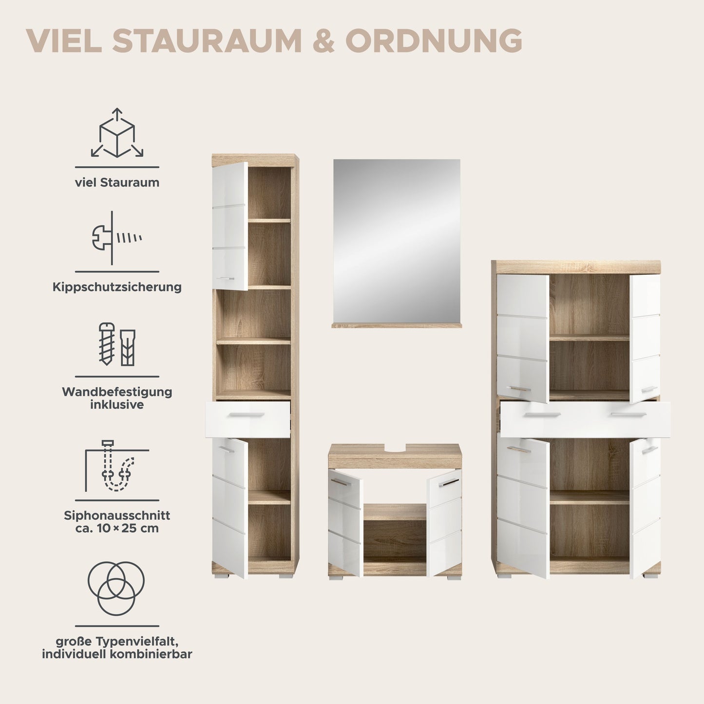 Homes & Jones Badezimmerset 4tlg., Badezimmer Set mit  Schränken und  Spiegel