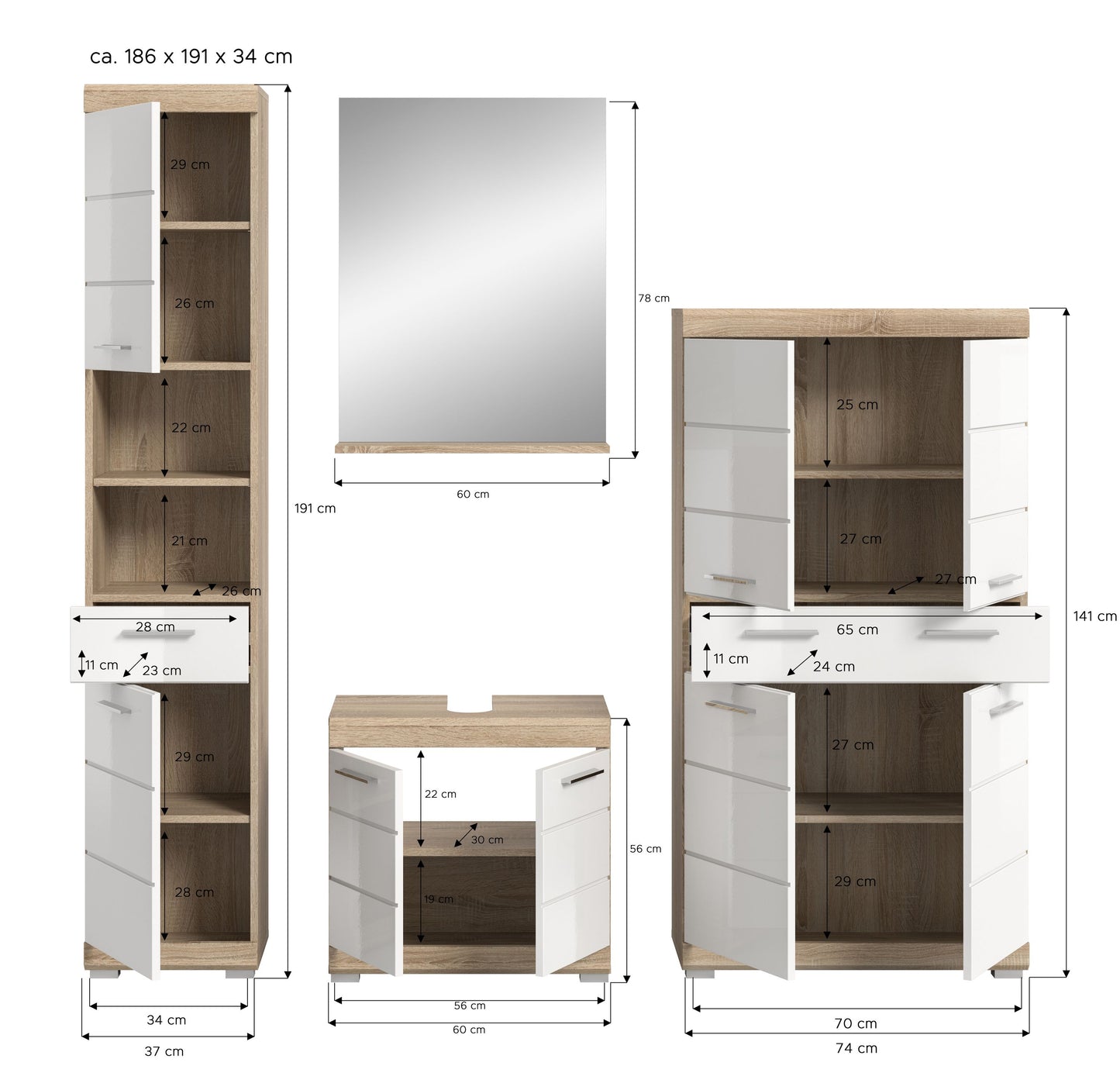 Homes & Jones Badezimmerset 4tlg., Badezimmer Set mit  Schränken und  Spiegel