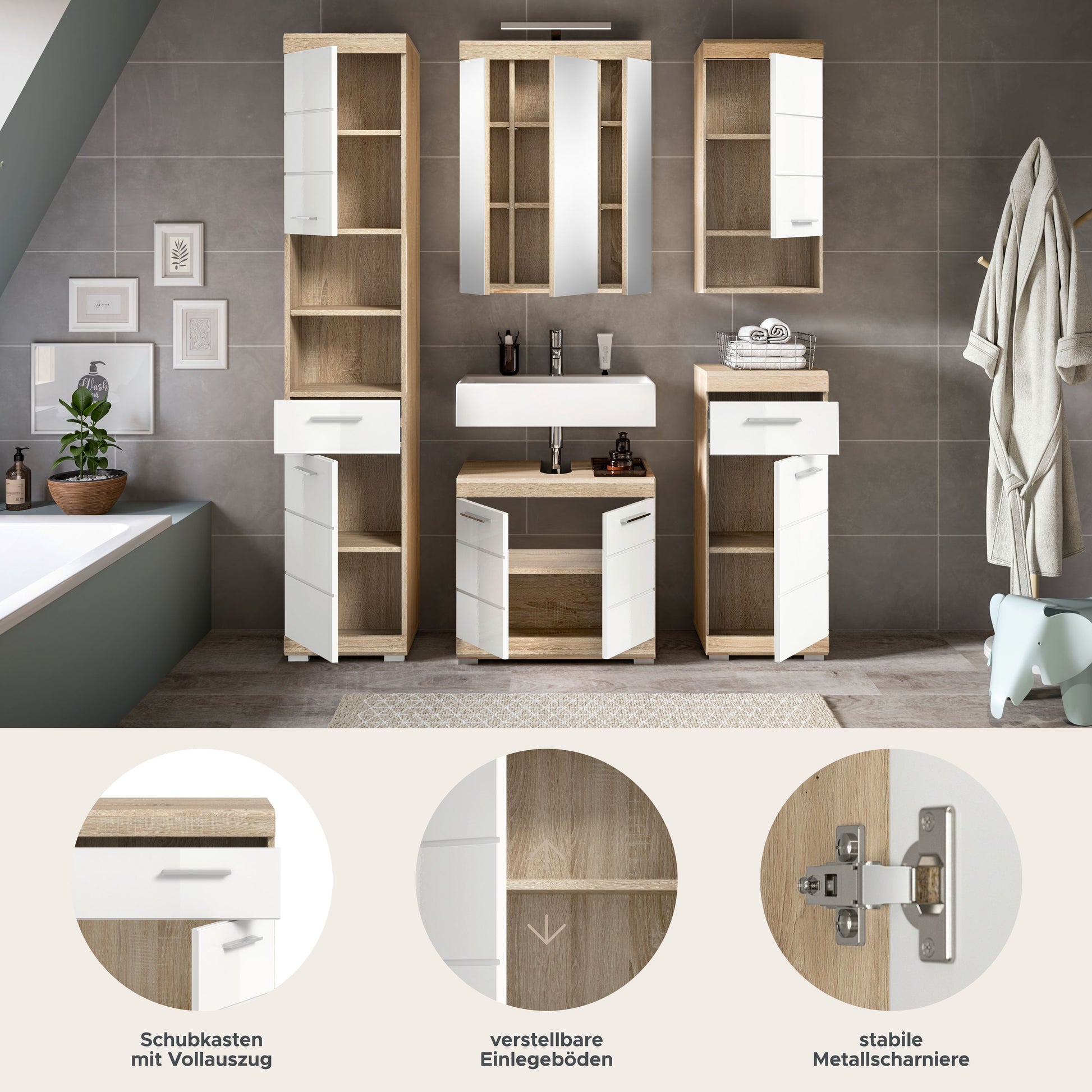 Badezimmerset mit Spiegelschrank und Hochschränken, verstellbare Einlegeböden