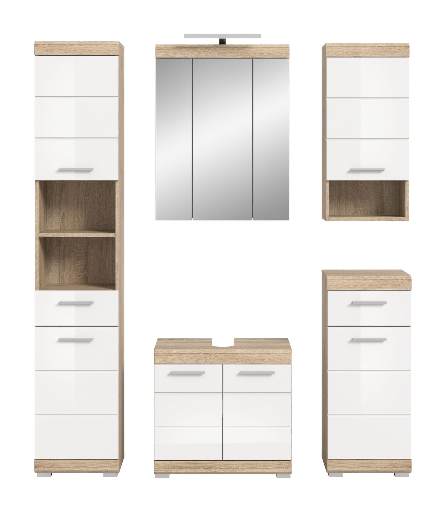 Badezimmerset in Einzelansichten: Hochschrank, Spiegelschrank, Unterschrank mit weißen Fronten