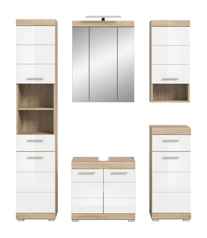 Badezimmerset in Einzelansichten: Hochschrank, Spiegelschrank, Unterschrank mit weißen Fronten