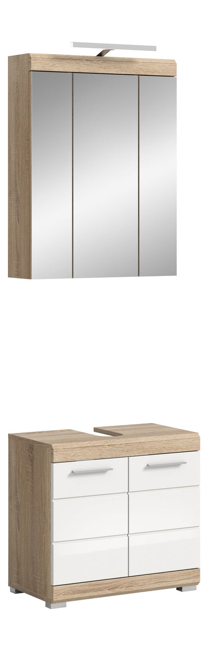 Badezimmerset mit Spiegelschrank und Unterschrank, Holz- und Weiß-Optik