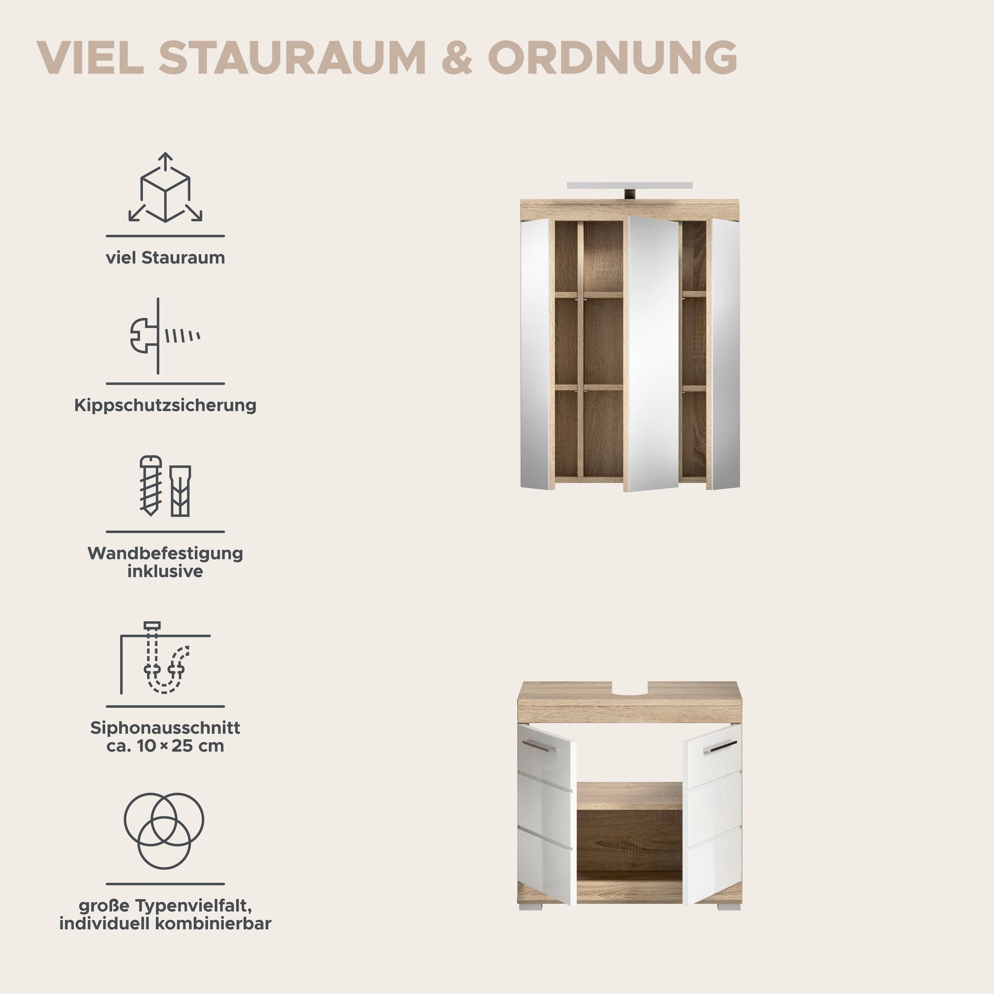 Badezimmerschrank-Set mit Spiegelschrank und Waschtischunterschrank, Holzdekor und weiße Fronten