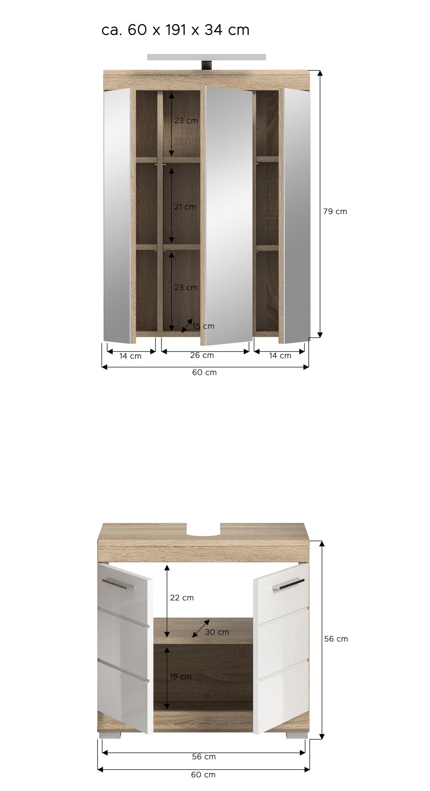 Badezimmerschrank-Set mit Maßangaben: Spiegelfront und Unterschrank