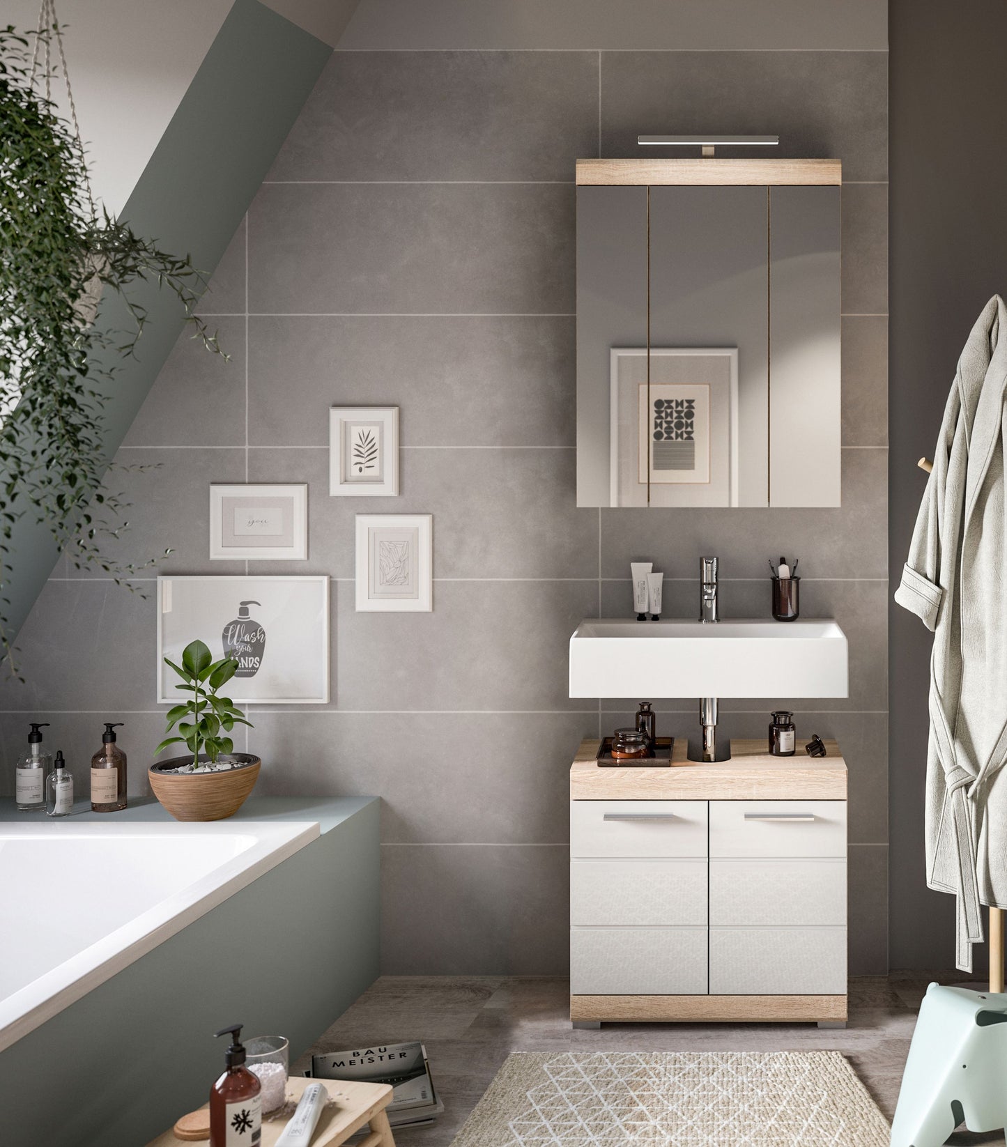 Badezimmerschrank mit Waschtisch und Unterbau, zwei Schubladen und zwei Türen
