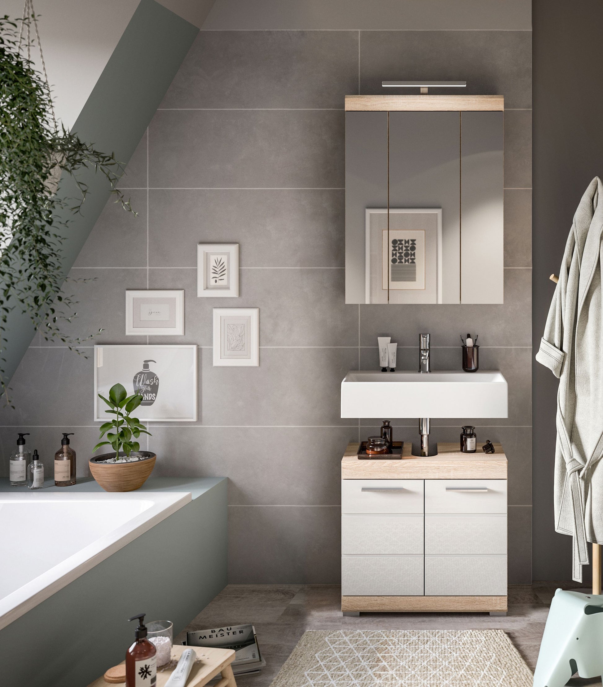 Badezimmerschrank mit Waschtisch und Unterbau, zwei Schubladen und zwei Türen