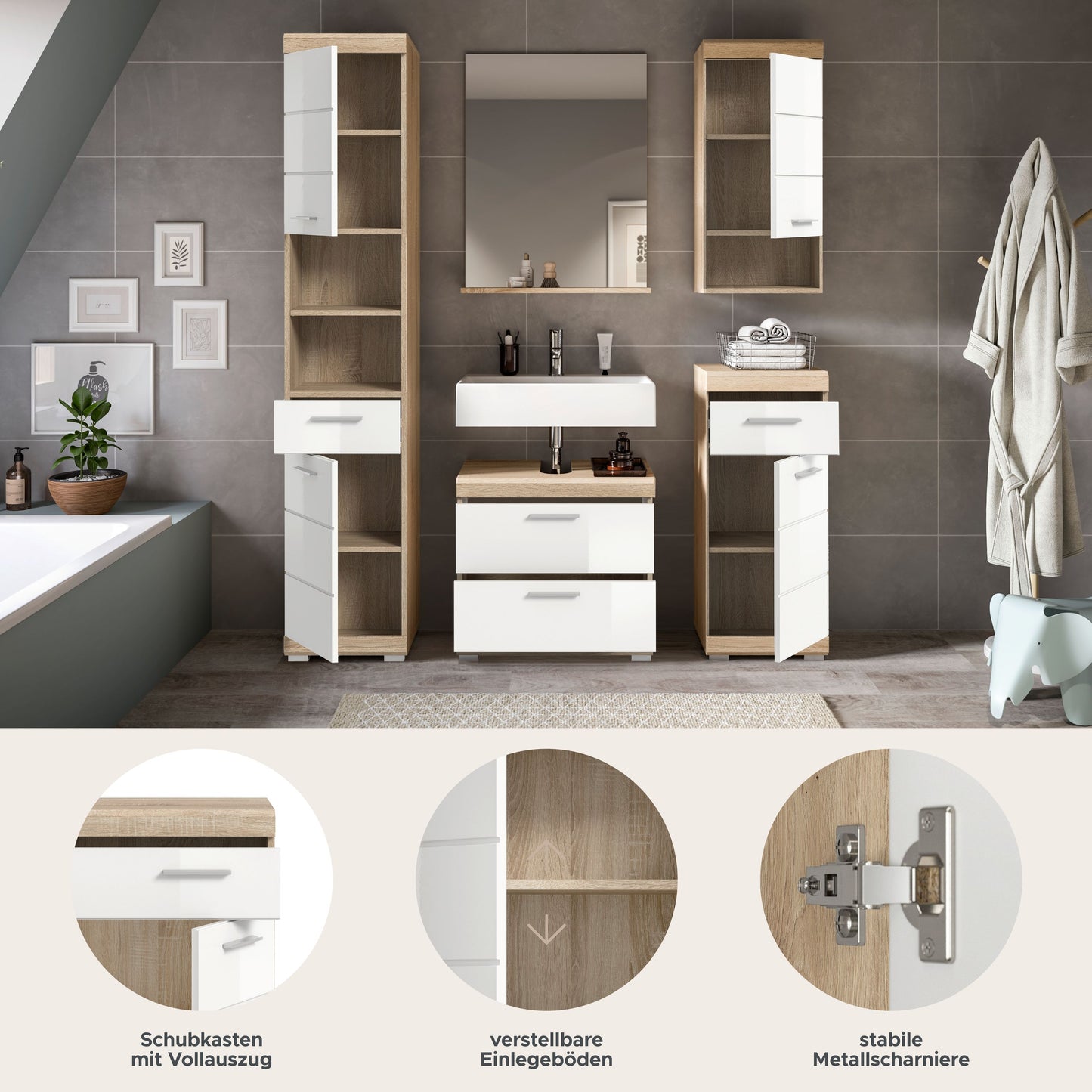 Homes & Jones Badezimmerset 5-tlg., Badezimmer Set mit Badschränken und Spiegel