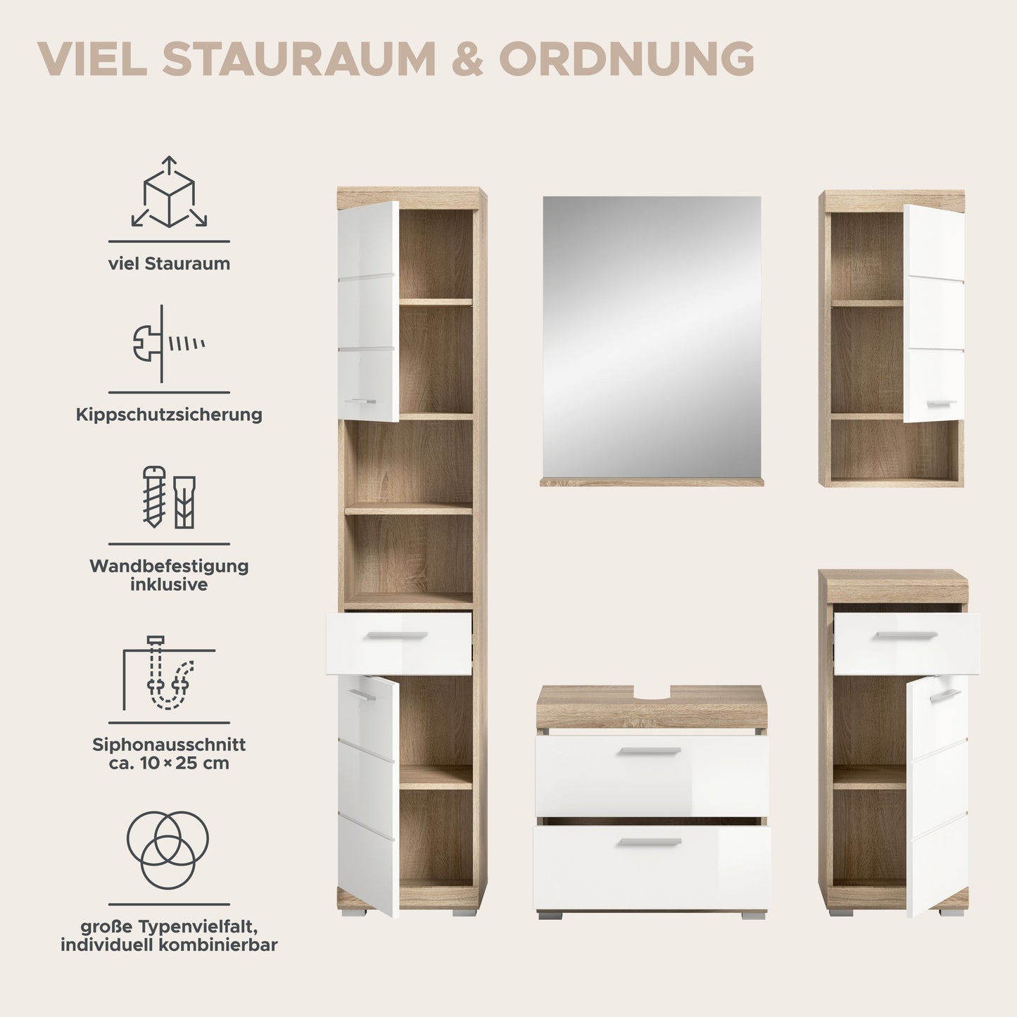 Homes & Jones Badezimmerset 5-tlg., Badezimmer Set mit Badschränken und Spiegel