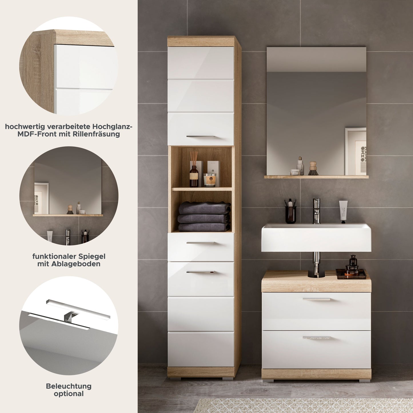 Homes & Jones Badezimmerset 3-tlg., Badezimmer Set mit Badschränken und Spiegel