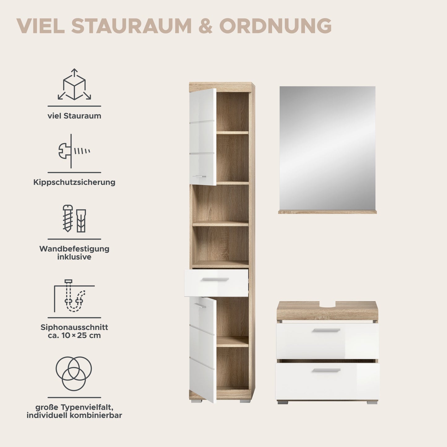 Homes & Jones Badezimmerset 3-tlg., Badezimmer Set mit Badschränken und Spiegel