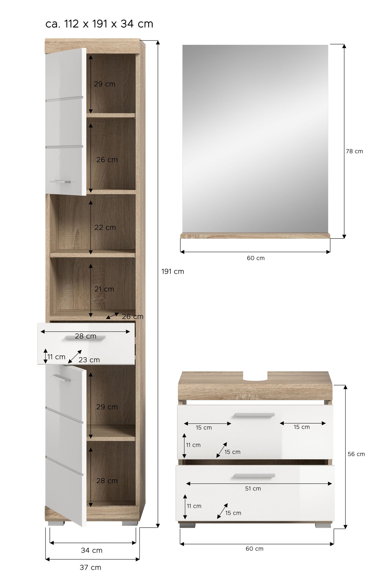 Homes & Jones Badezimmerset 3-tlg., Badezimmer Set mit Badschränken und Spiegel