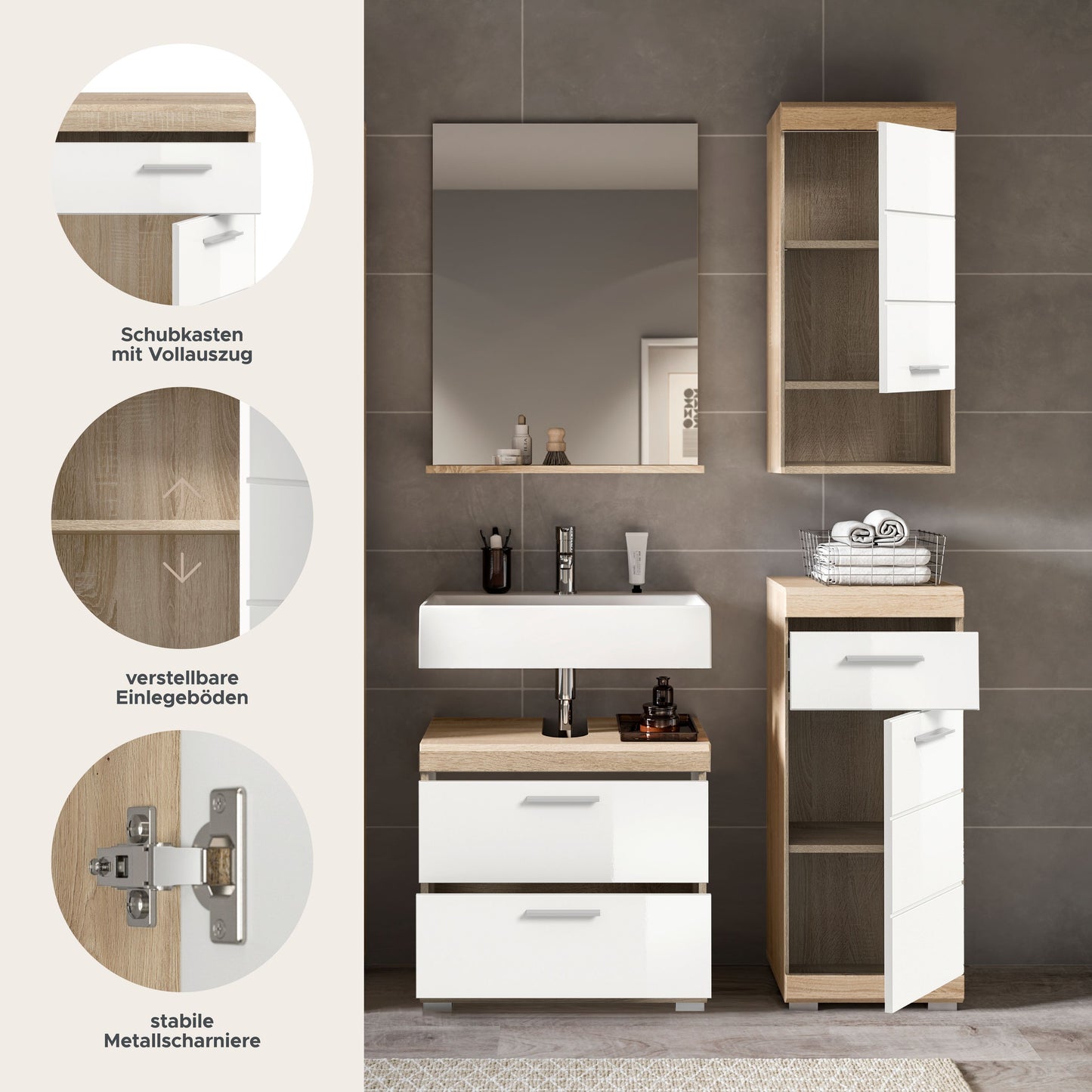 Homes & Jones Badezimmerset 4-tlg., Badezimmer Set mit Badschränken und Spiegel