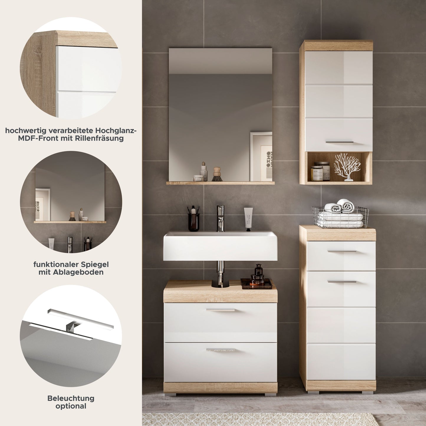 Homes & Jones Badezimmerset 4-tlg., Badezimmer Set mit Badschränken und Spiegel
