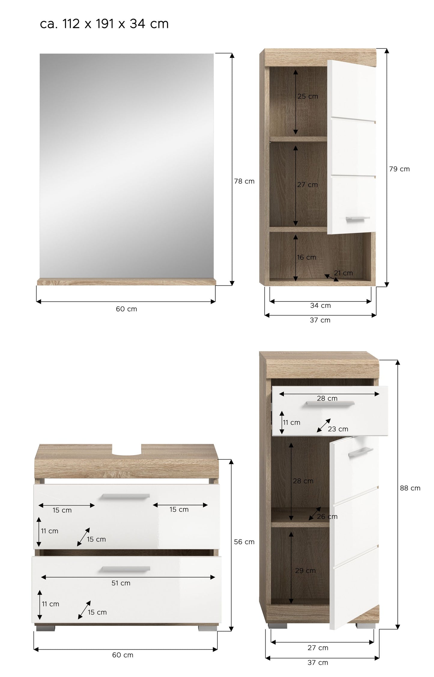 Homes & Jones Badezimmerset 4-tlg., Badezimmer Set mit Badschränken und Spiegel