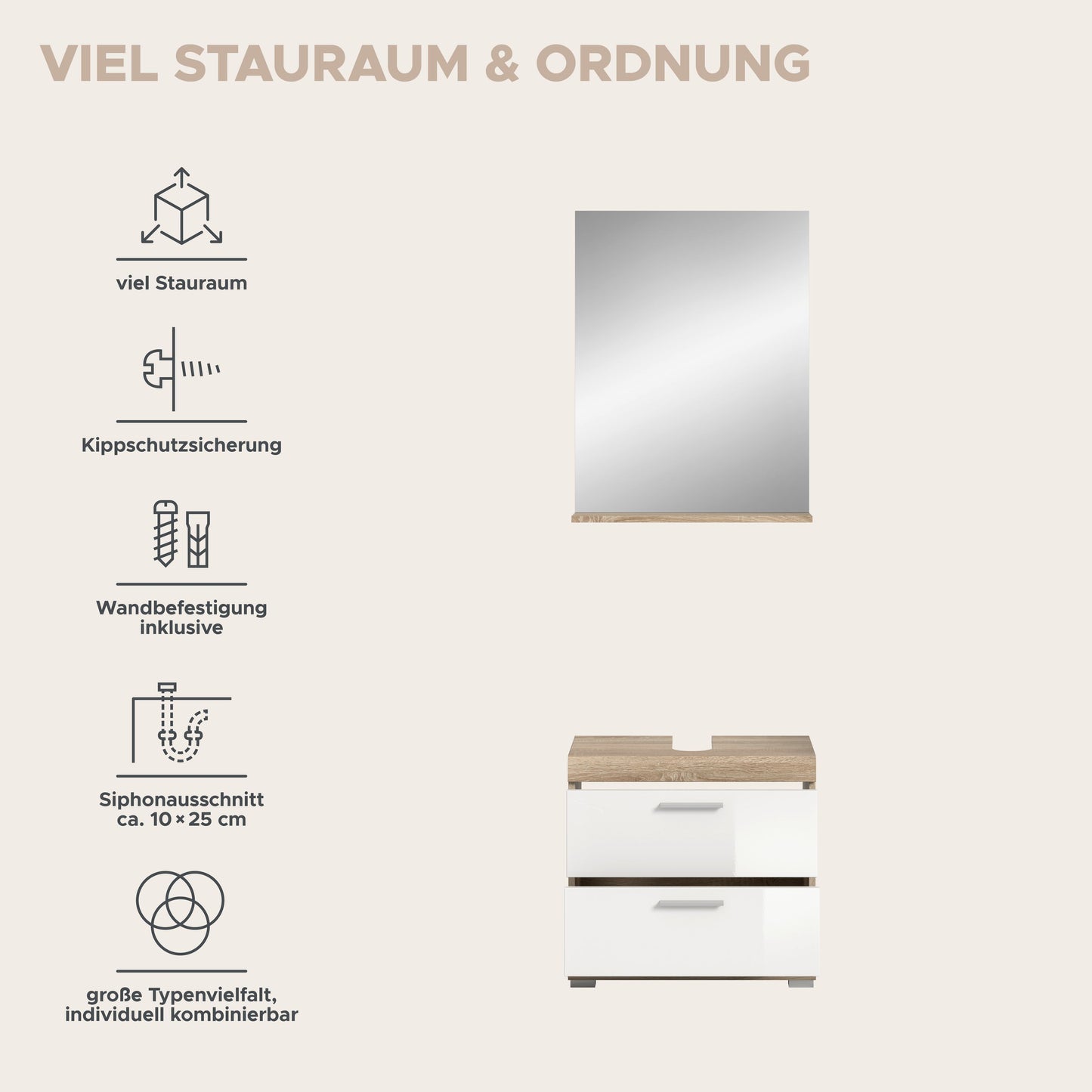 Homes & Jones Badezimmerset 2-tlg., Badezimmer Set mit Badschrank und Spiegel