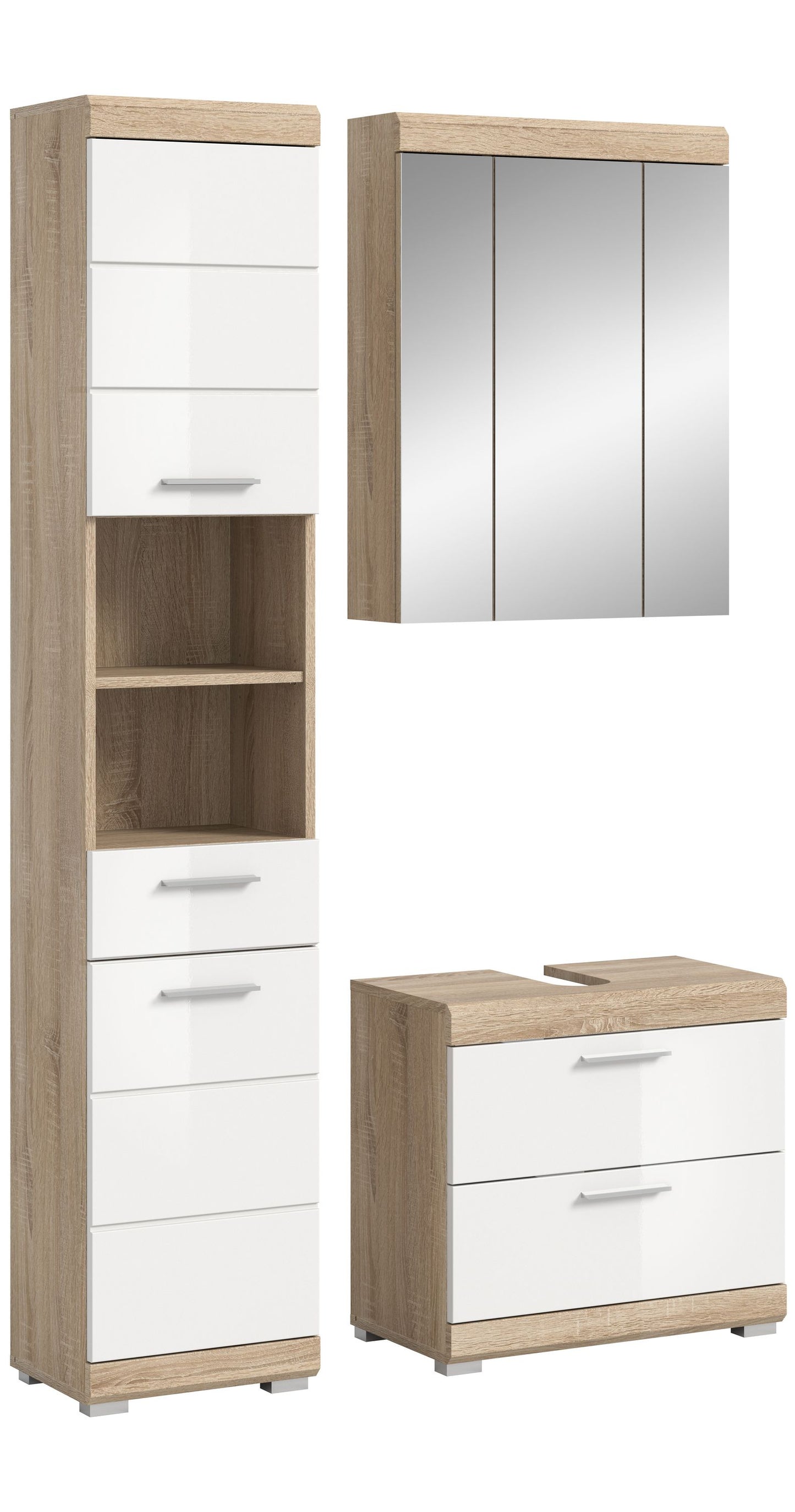 Badezimmerset mit Spiegelschrank und Schrankkommode, weiß & Holzdekor, 3-teilig