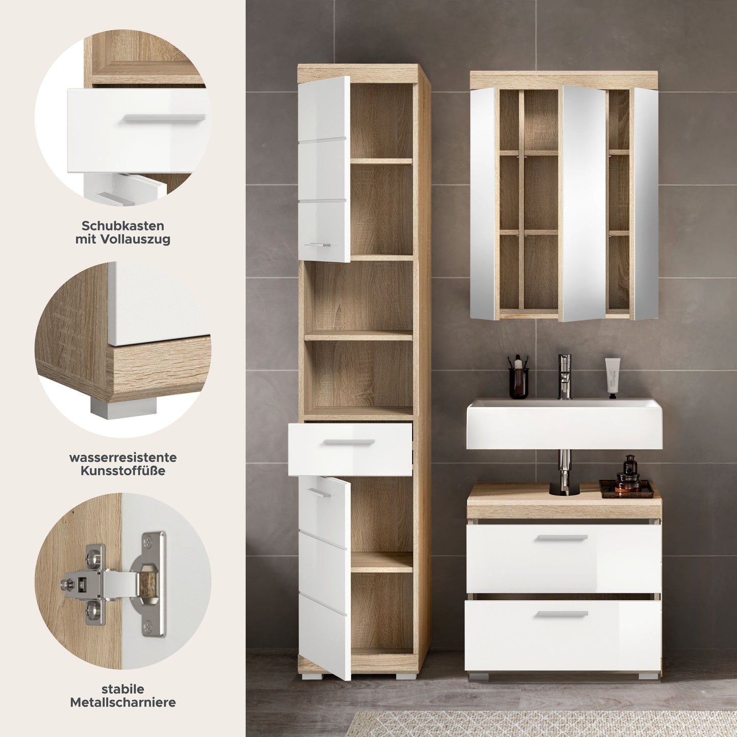 Badezimmerset mit weißem Waschtischunterschrank, Holzseiten und Stauschrank mit Schubfach