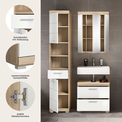 Badezimmerset mit weißem Waschtischunterschrank, Holzseiten und Stauschrank mit Schubfach