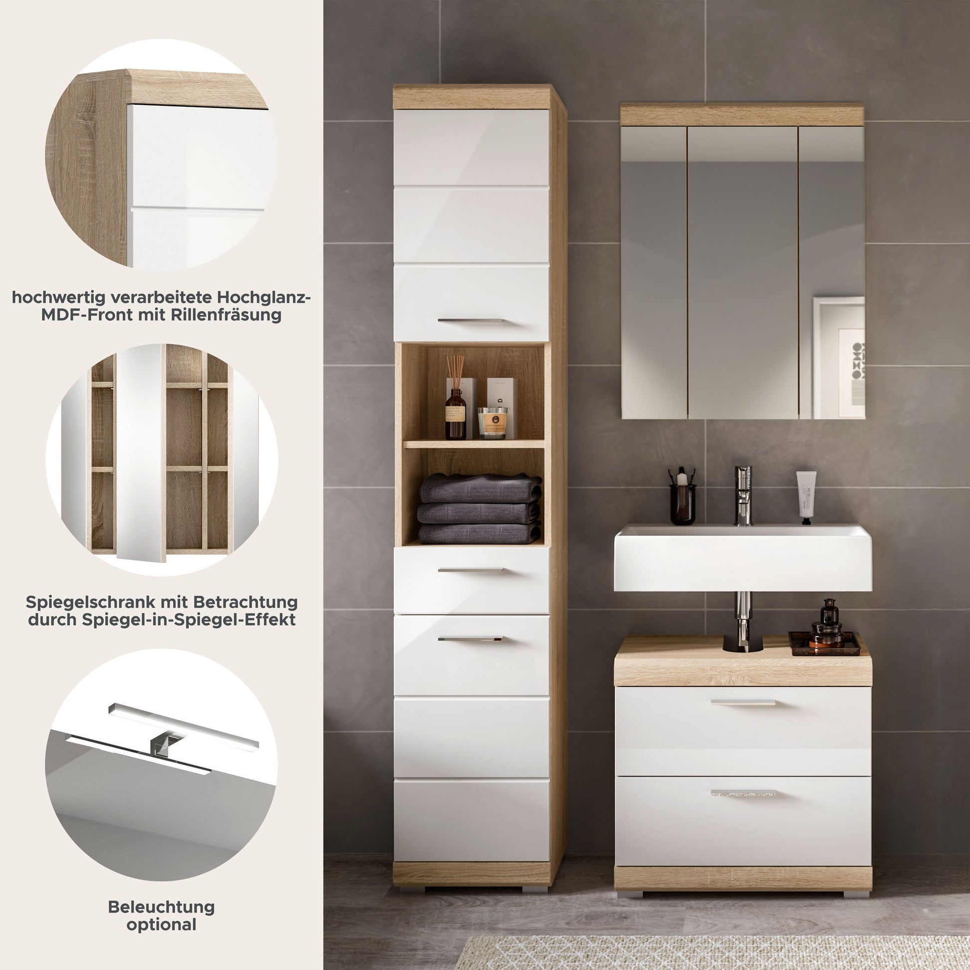 Badezimmerset im Set-Up: Spiegelschrank und Waschtischmöbel mit Schubladen, Holz/weiß