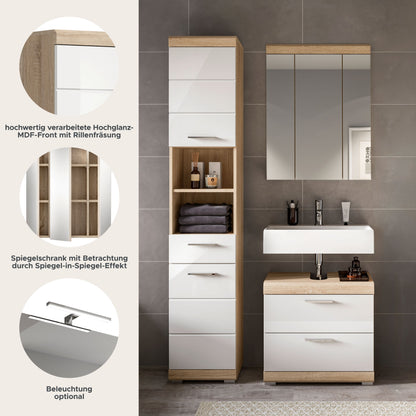 Badezimmerset im Set-Up: Spiegelschrank und Waschtischmöbel mit Schubladen, Holz/weiß