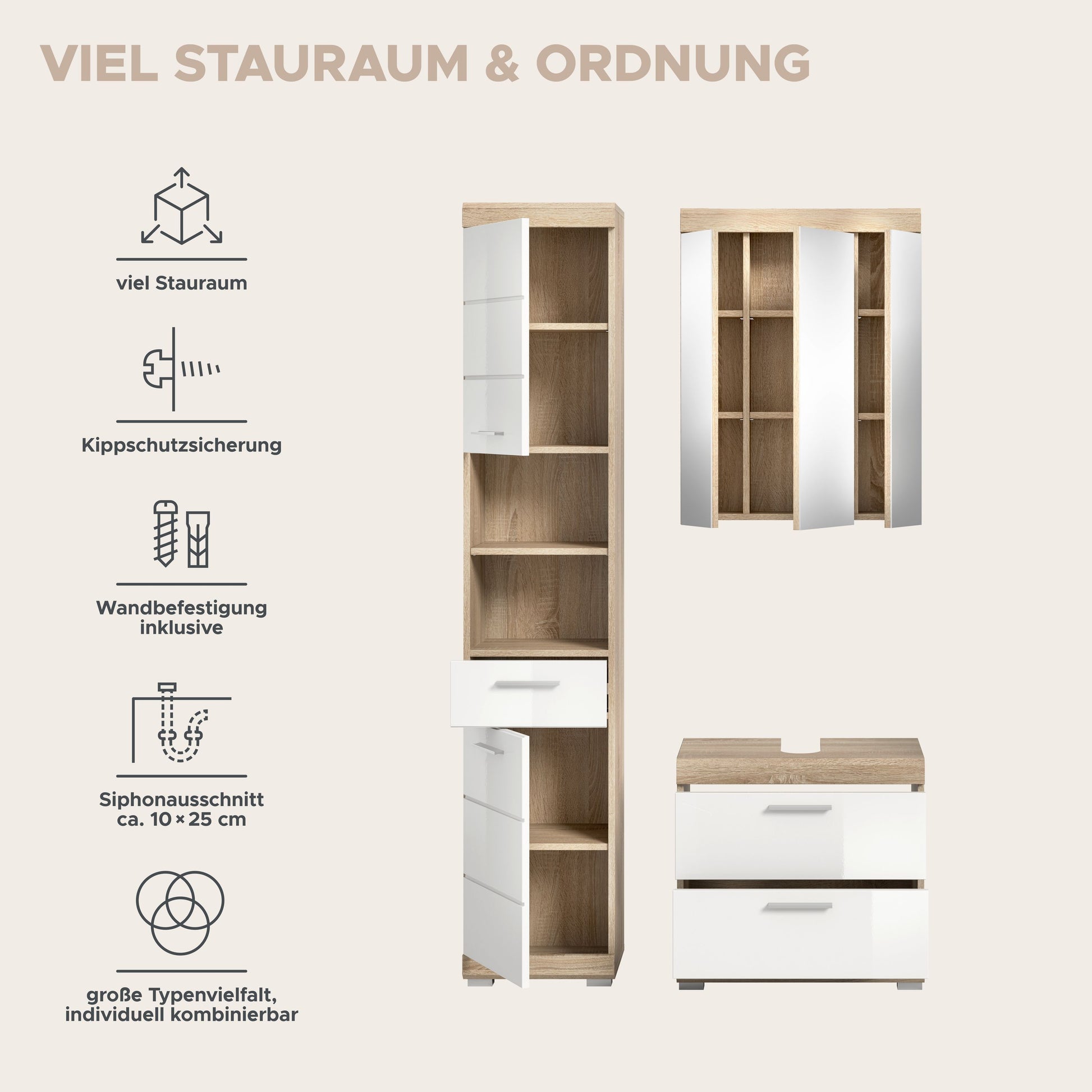 Infografik zu Stauraum und Ordnung mit Badmöbel-Illustrationen, Holz/weiß
