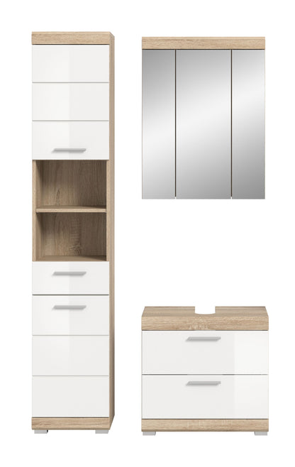 Spiegelschrank und Standkommode mit Schubladen, Holzdekor und weiß, Badezimmerset