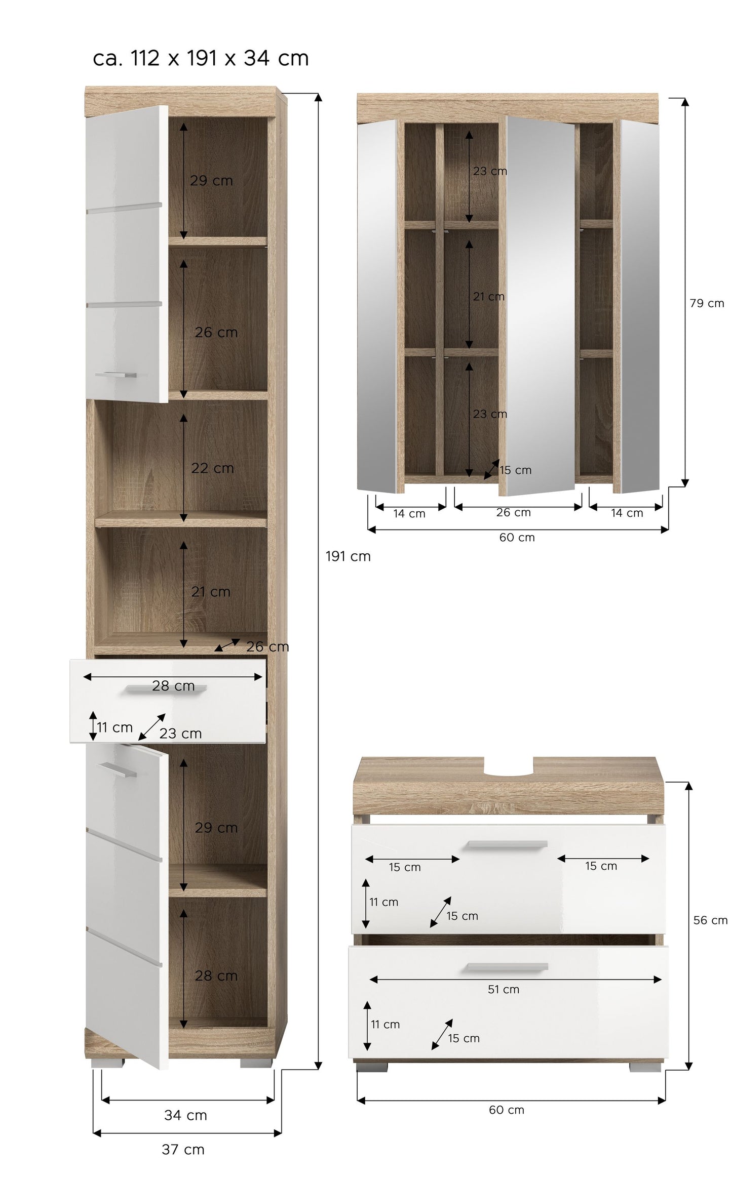 Maßzeichnung für Badschrank und Waschtischunterschrank, Holzdekor und weiß