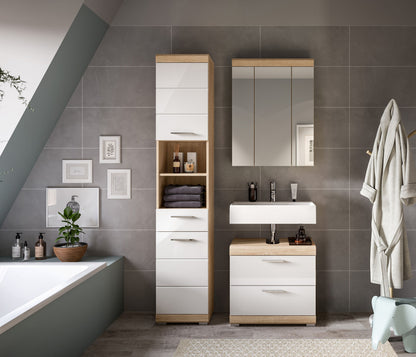 Badezimmermöbel-Set mit Spiegelschrank, Waschtischunterschrank und hohem Schrank, Holz/weiß