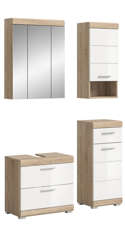 Badezimmermöbel-Set in Eiche- und Weißoptik: Spiegelschrank, Waschtisch, Hochschrank