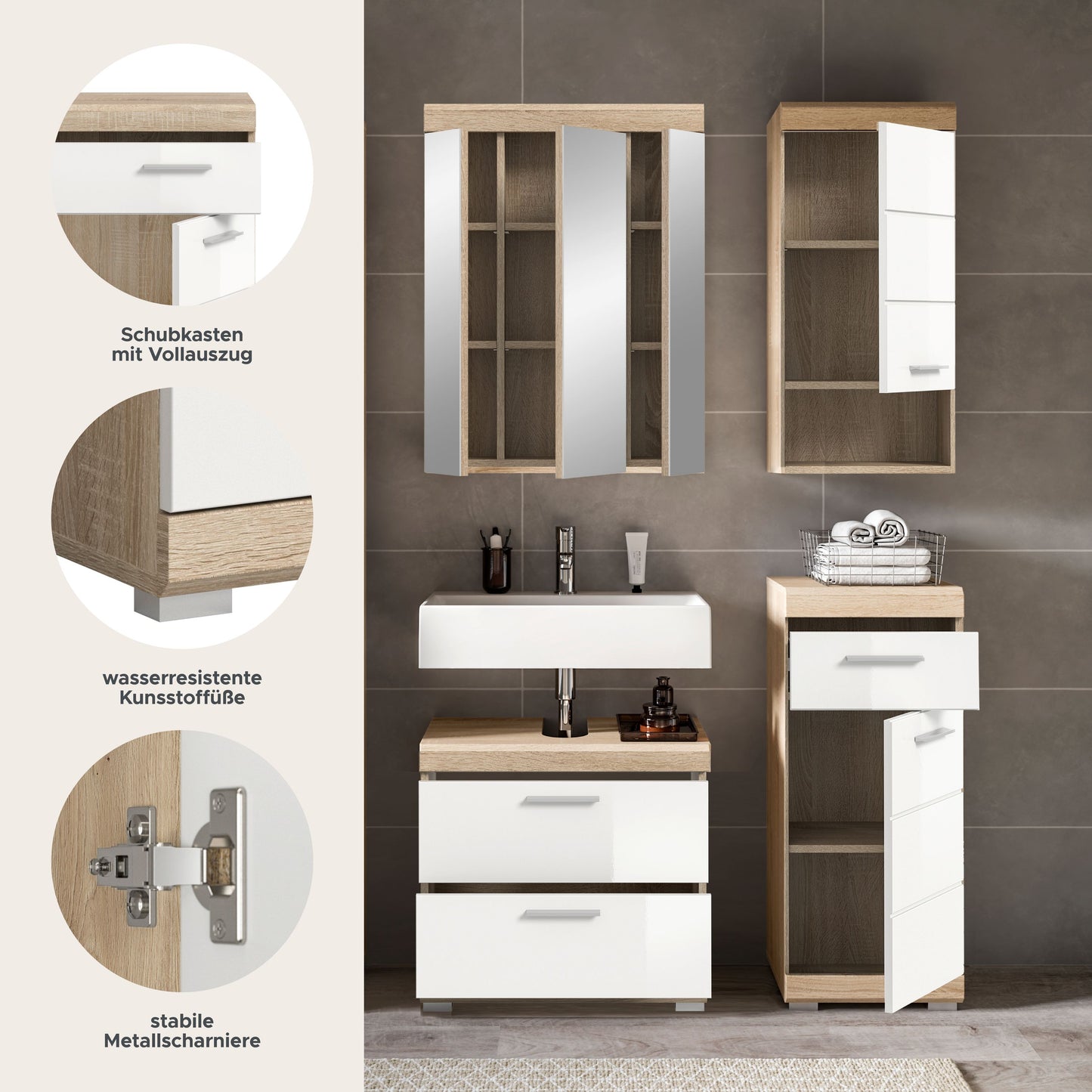 Badezimmerset mit Spiegelschrank, Waschtisch-Unterschrank und Hochschrank in Holzoptik/Weiß