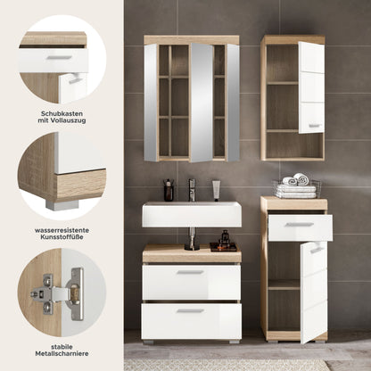 Badezimmerset mit Spiegelschrank, Waschtisch-Unterschrank und Hochschrank in Holzoptik/Weiß