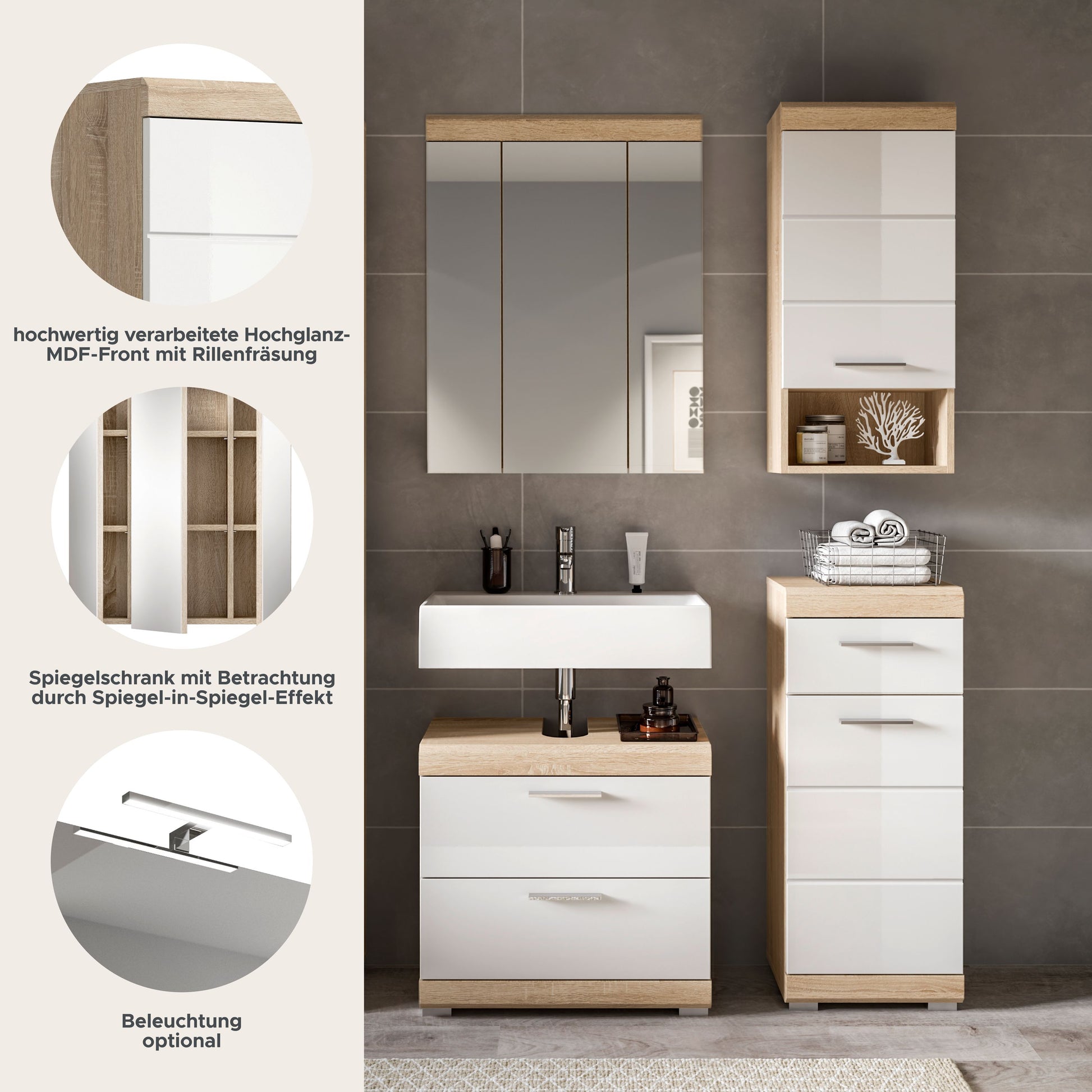 Badezimmerset mit Waschtisch, Spiegelschrank und zwei Unterschränken in Holzoptik/Weiß
