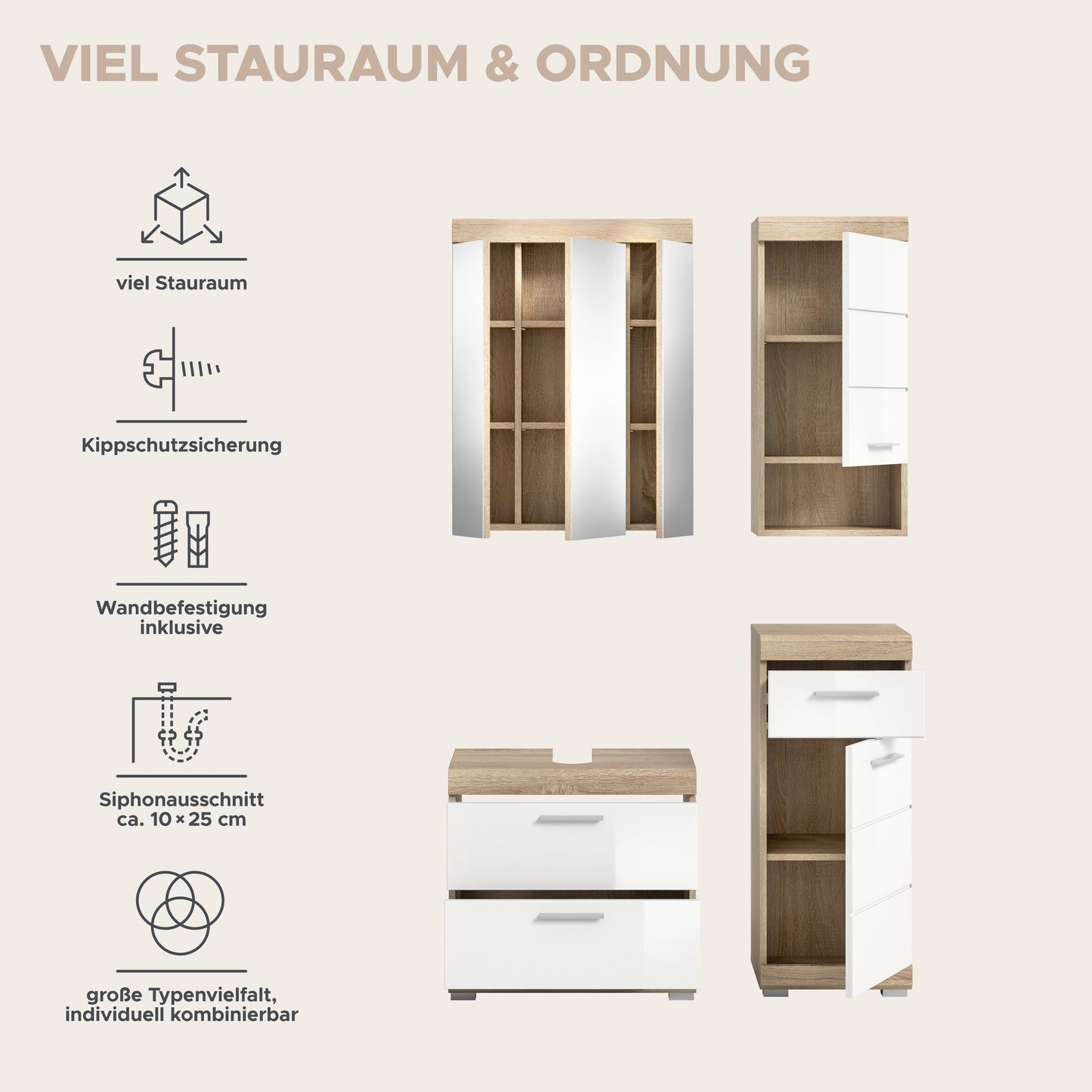 Badmöbel-Set mit Spiegelschrank, Unterschrank und Hochschrank für Stauraum