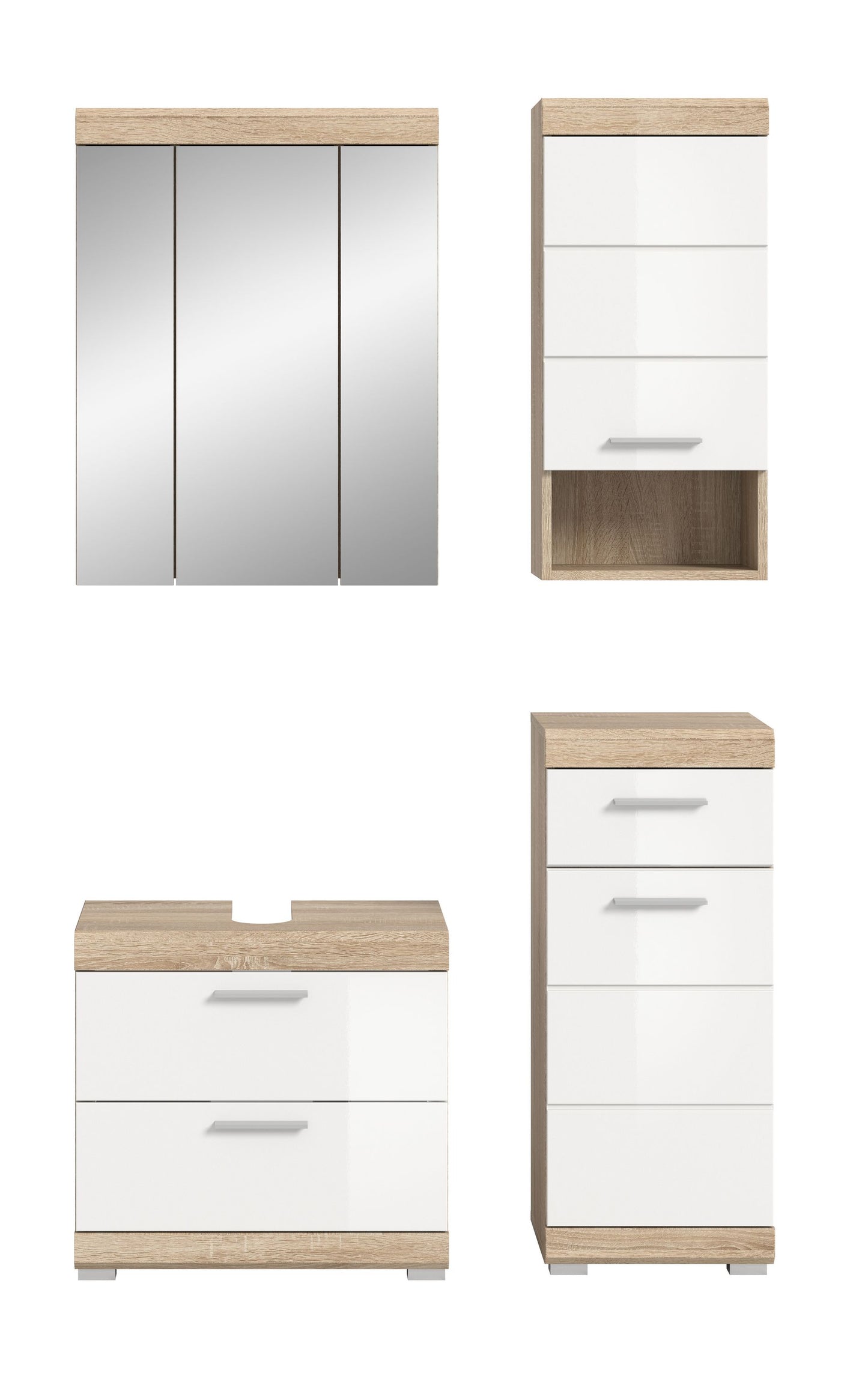 Badezimmerset mit Spiegelschrank und Schrankelementen in Weiß und Holzoptik