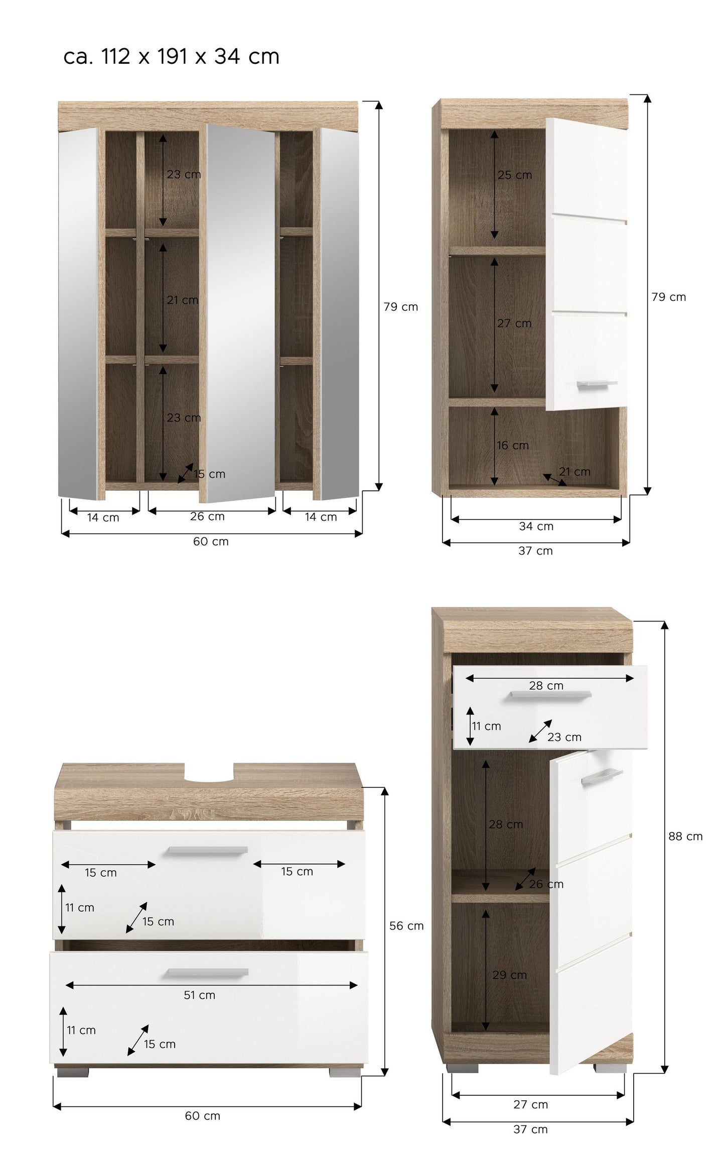 Badmöbel-Set mit Maßen: Spiegelschrank, Waschtischunterschrank und Hochschrank