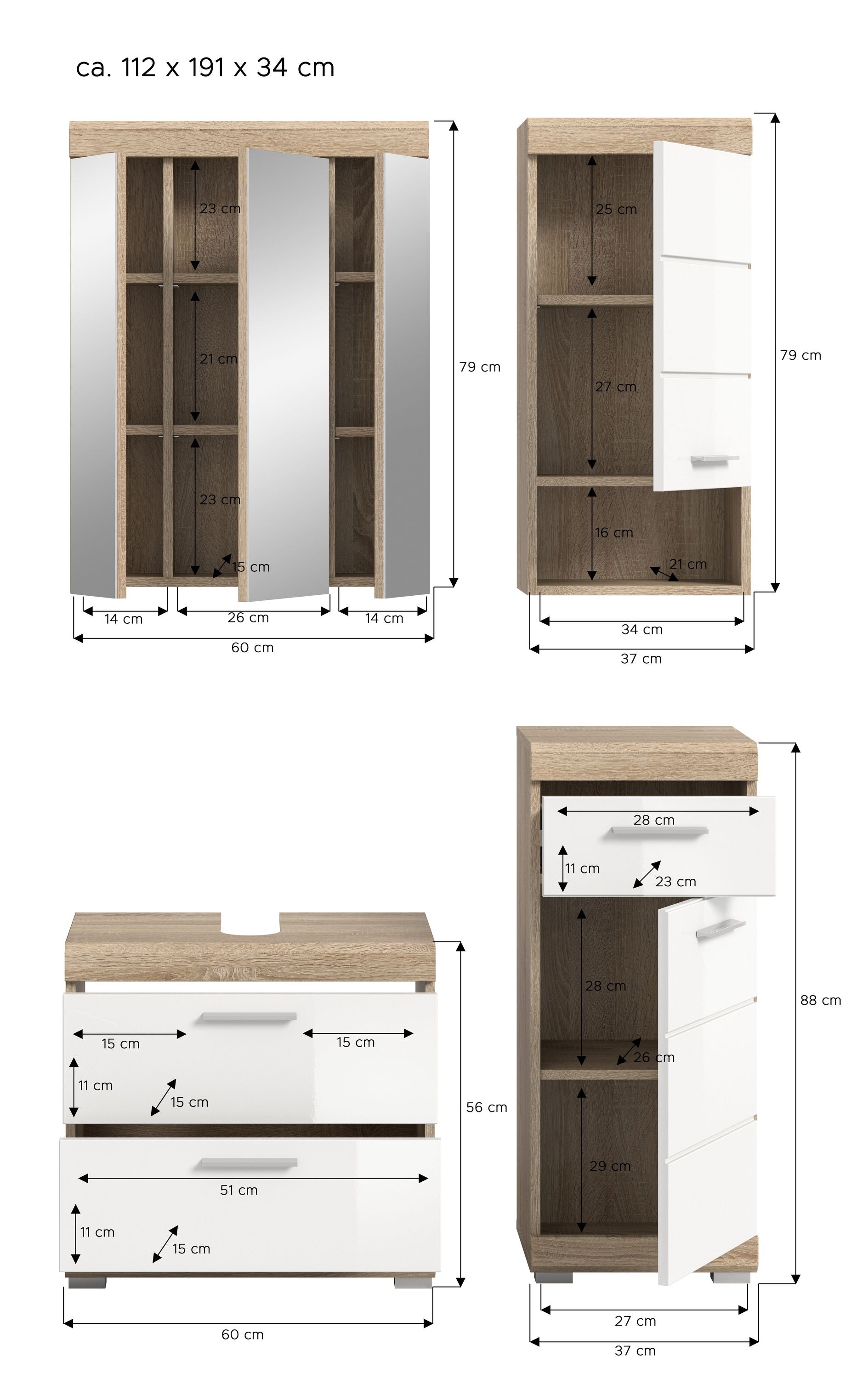 Badmöbel-Set mit Maßen: Spiegelschrank, Waschtischunterschrank und Hochschrank