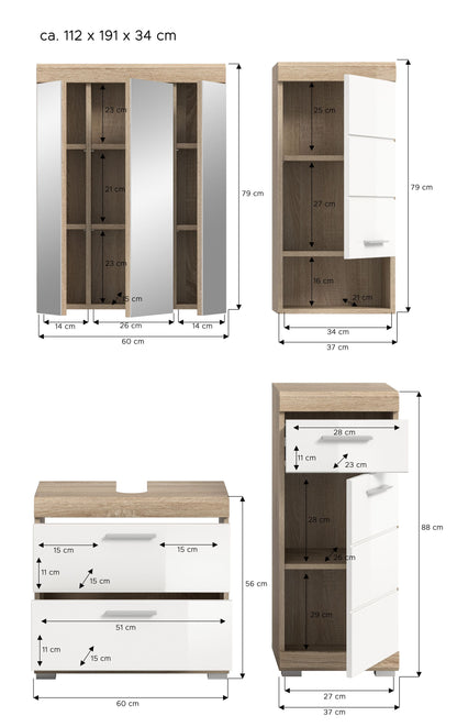 Badmöbel-Set mit Maßen: Spiegelschrank, Waschtischunterschrank und Hochschrank