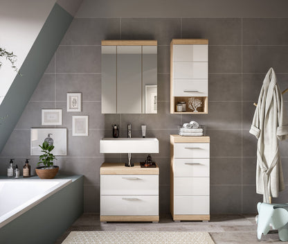 Badmöbel-Set mit Waschtischunterschrank, Spiegelschrank und Hochschrank in Weiß und Holz