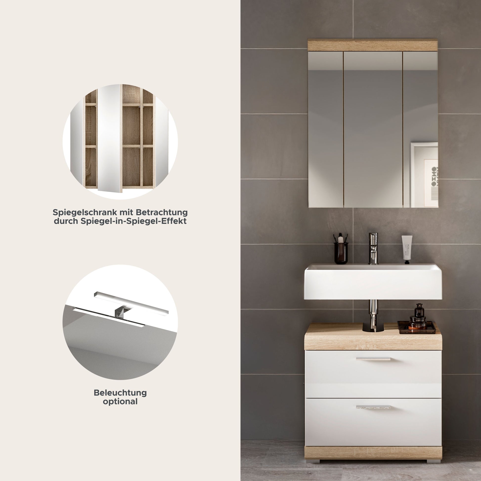 Homes & Jones Badezimmerset: Spiegelschrank und Waschtischunterschrank, eiche hell