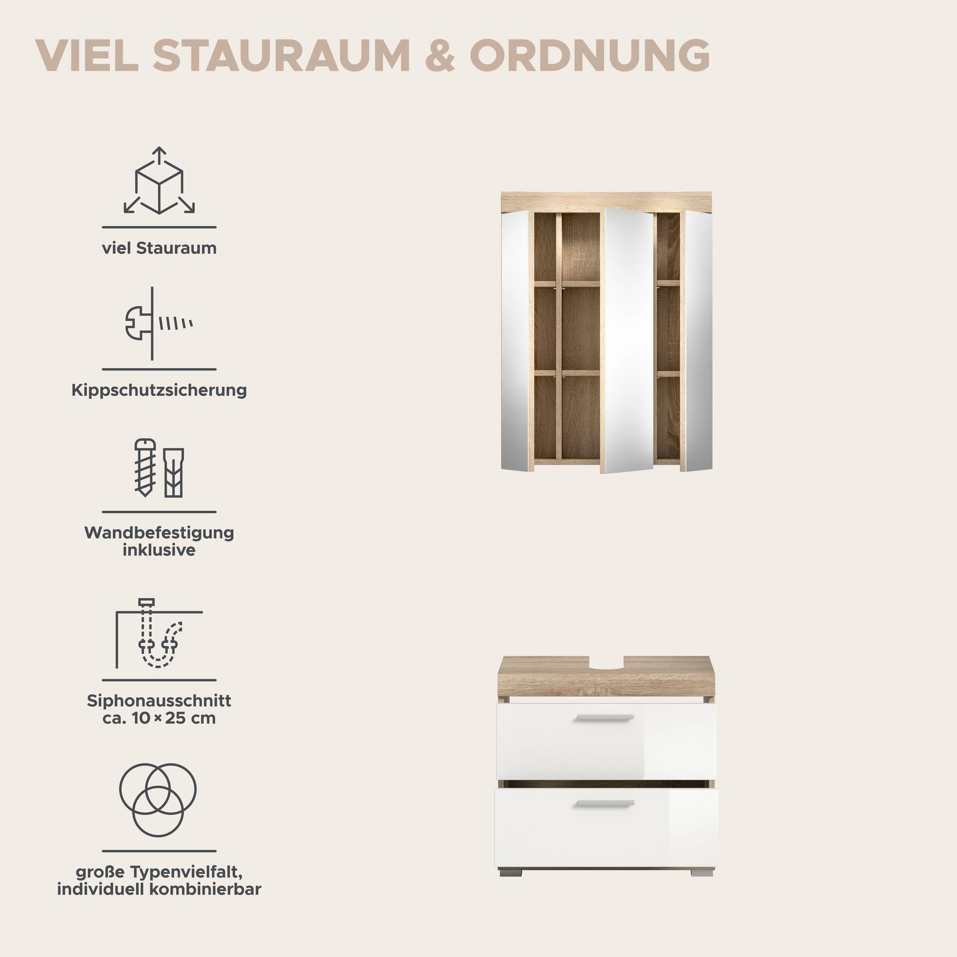 Badezimmerset mit Spiegelschrank, Waschtischunterschrank und Kippschutz-Infografik